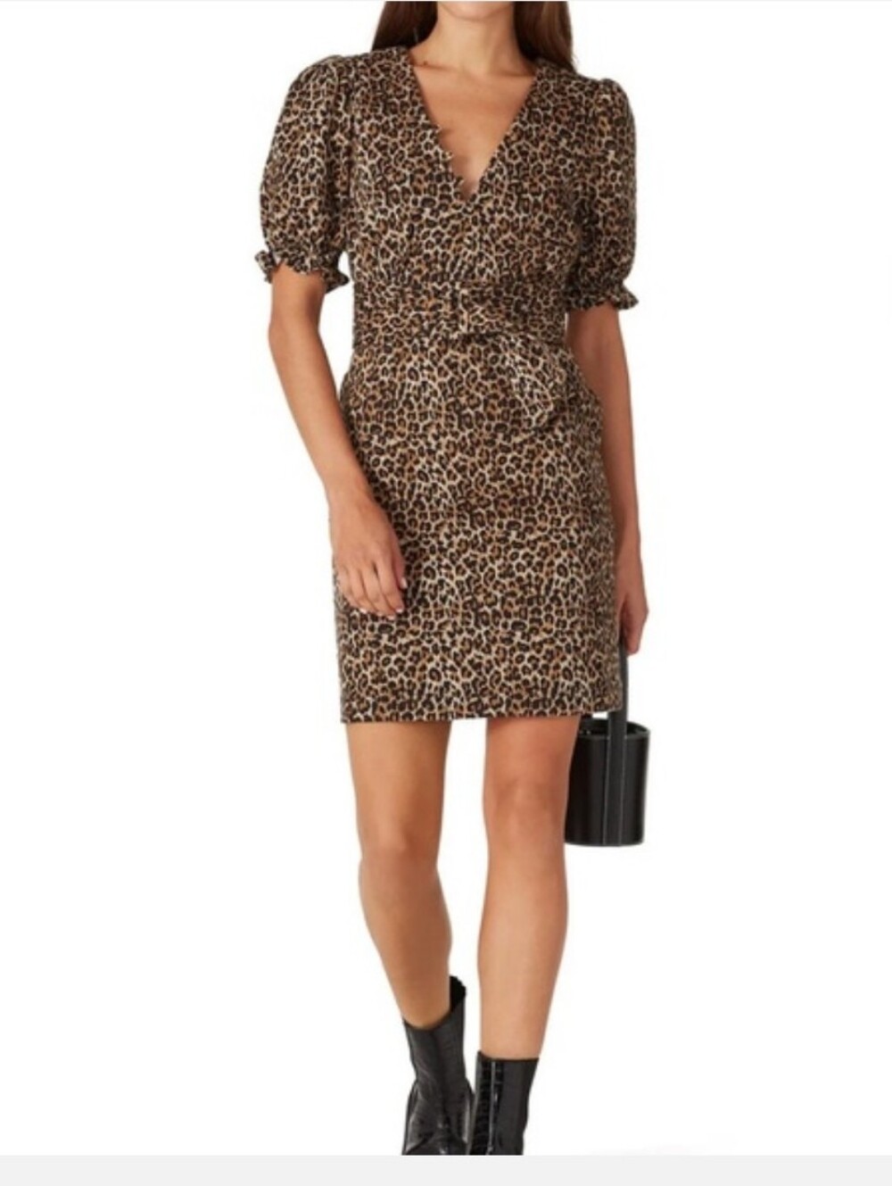Marissa Webb Collective Carly Denim Leopard Print Puff-Sleeve Dress Size 2